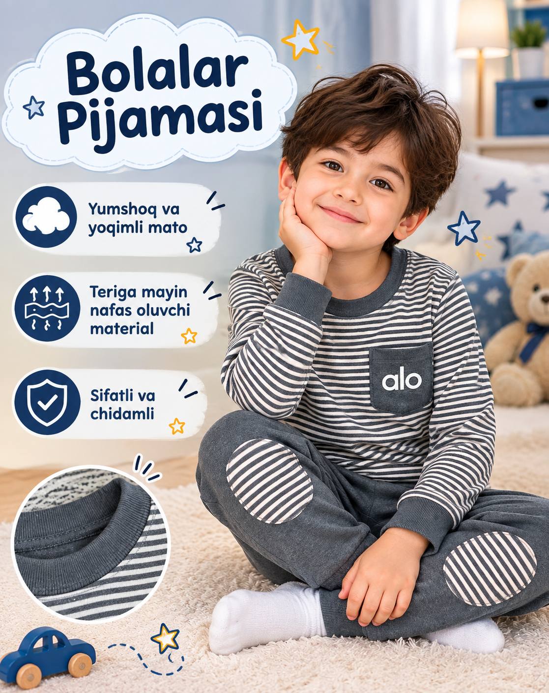 Bolalar pijamasi, qizlar pijamasi, o'g'il bolalar pijamasi, yumshoq paxtali tungi kiyimi - 