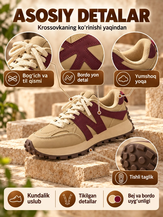 Ayollar krossovkasi, kundalik sport poyabzali casual, bog‘ichli model