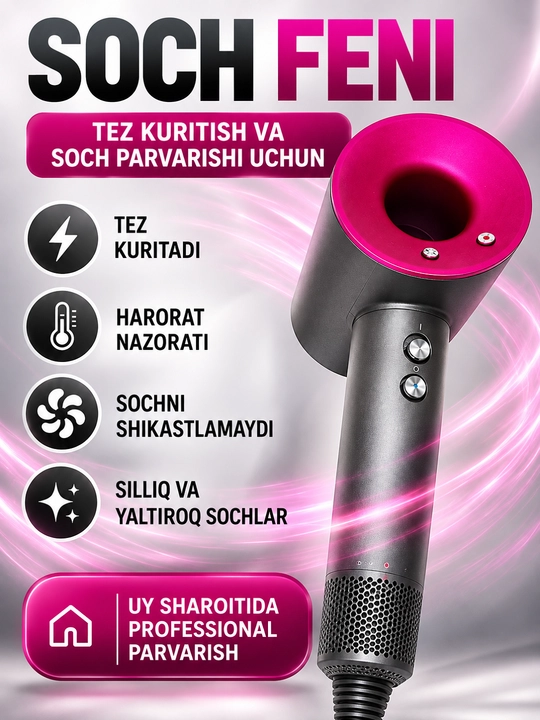 1600 Vt quvvatli professional fen, 3 xil tezlik, 4 xil isitish rejimi, 3 ta magnit nasadka