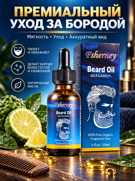 Масло для бороды Fsherney, 30 мл, уход и увлажнение бороды, с бергамотом