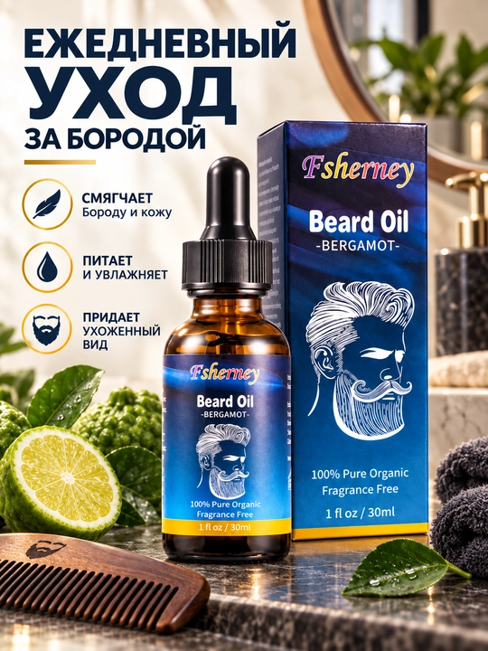 Масло для бороды Fsherney, 30 мл, уход и увлажнение бороды, с бергамотом
