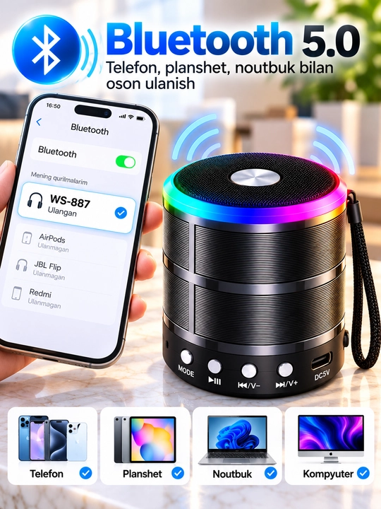 Sing-e WS-887 RGB беспроводная Bluetooth-колонка, USB, TF Card, FM Radio
