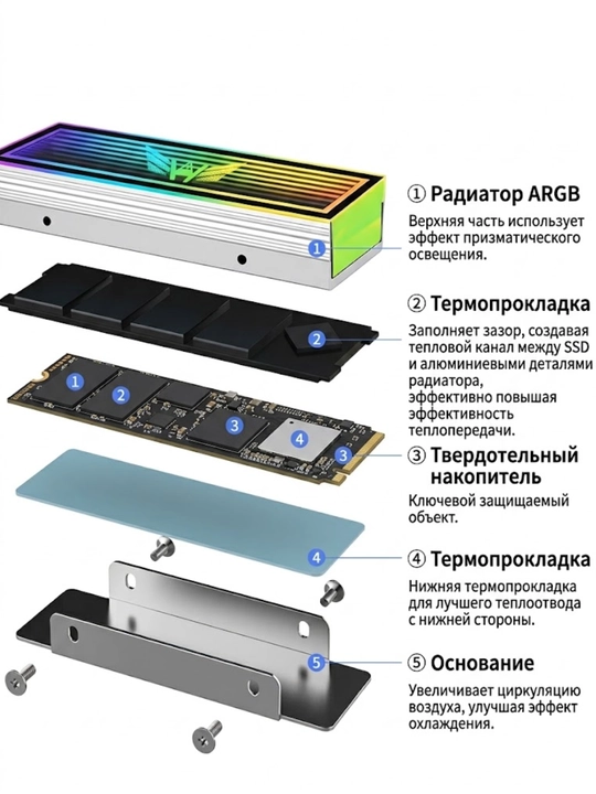 Радиатор для M2 NVME твердотельного накопителя, серебрянный, ARGB
