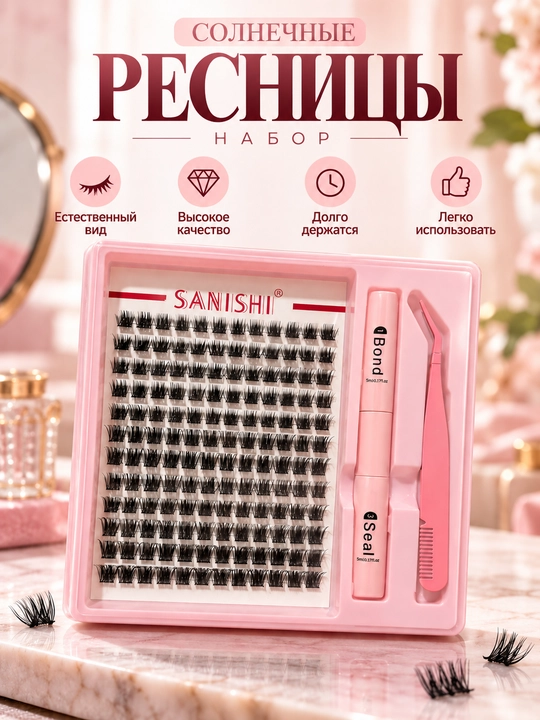 Накладные ресницы с 3D эффектом, индивидуальное наращивание ресниц, Sanishi - 