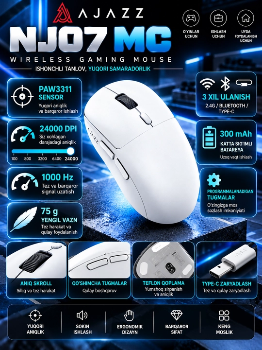AJAZZ NJ07 MC o‘yin sichqonchasi, 24000 DPI, 2.4G, Bluetooth, USB, RGB, 300 mA/soat - 