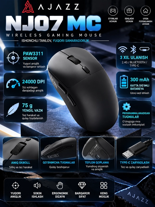 AJAZZ NJ07 MC o‘yin sichqonchasi, 24000 DPI, 2.4G, Bluetooth, USB, RGB, 300 mA/soat - 