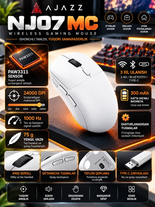 AJAZZ NJ07 MC o‘yin sichqonchasi, 24000 DPI, 2.4G, Bluetooth, USB, RGB, 300 mA/soat
