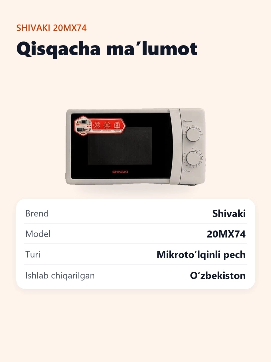 Shivaki 20MX74 mikroto'lqinli pech