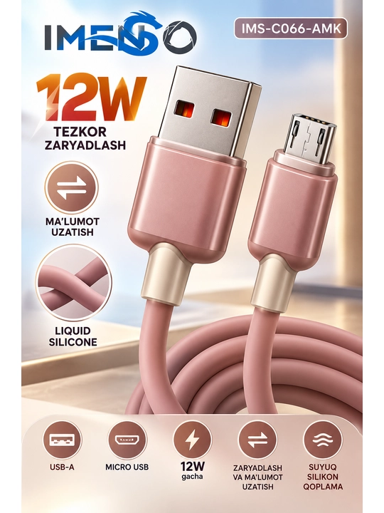 IMENSO USB-A → Micro USB 12W tezkor zaryadlash va ma’lumot uzatish kabeli
