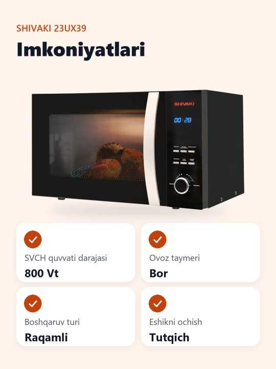 Shivaki 23UX39 mikroto‘lqinli pechi, 23 l