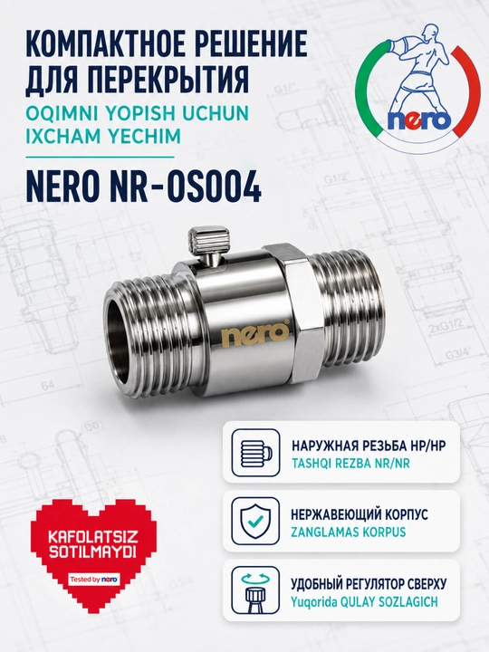 NERO NR-OS004 mini to‘xtatgich NR/NR, ikki tomonlama tashqi rezba, zanglamas korpus - 