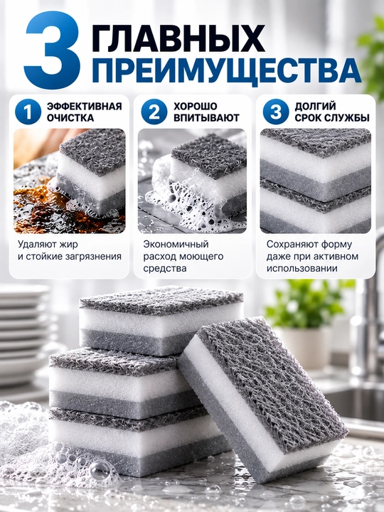 Idishlarni yuvish uchun gubkalar, oshxona va tozalash uchun, 10 dona