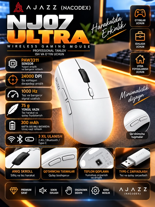 Игровая мышь AJAZZ (NACODEX) NJ07 Ultra, 42 000 DPI, 2.4G, Bluetooth, USB - 