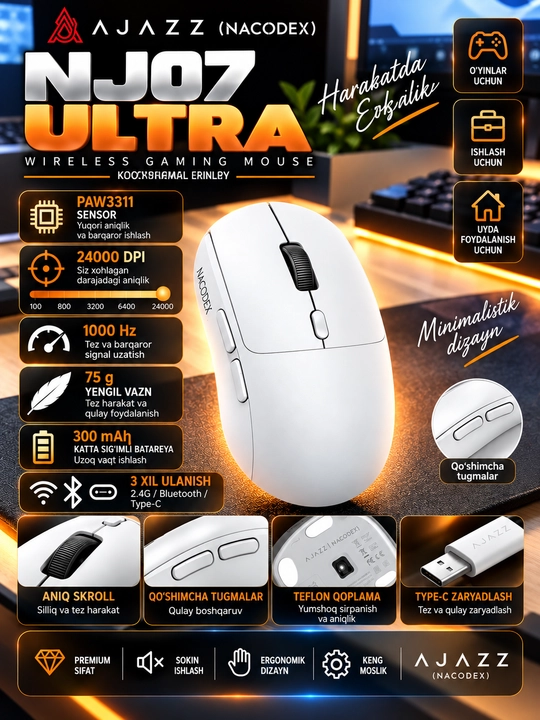 Игровая мышь AJAZZ (NACODEX) NJ07 Ultra, 42 000 DPI, 2.4G, Bluetooth, USB