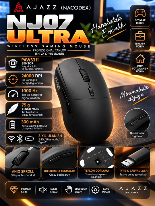 Игровая мышь AJAZZ (NACODEX) NJ07 Ultra, 42 000 DPI, 2.4G, Bluetooth, USB - 