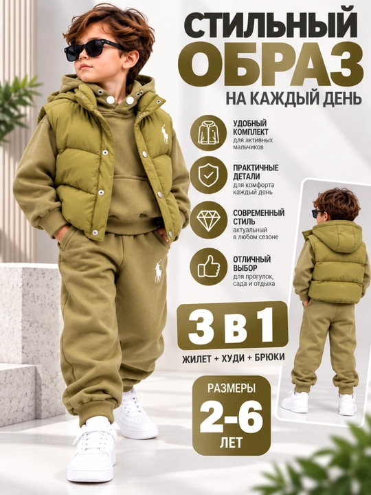 Детский костюм 3 в 1 для мальчика, жилетка + худи с капюшоном + брюки джоггеры