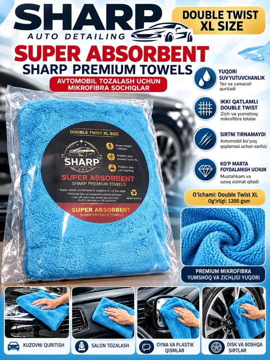 Bu - SHARP Auto Detailing Double Twist XL, avtomobil uchun mo‘ljallangan mikrofiber sochiq - 