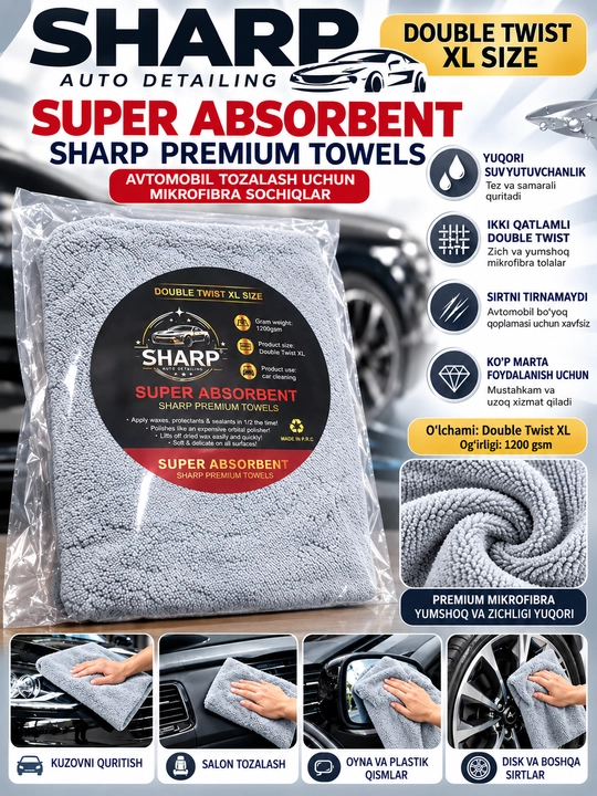 Bu - SHARP Auto Detailing Double Twist XL, avtomobil uchun mo‘ljallangan mikrofiber sochiq - 