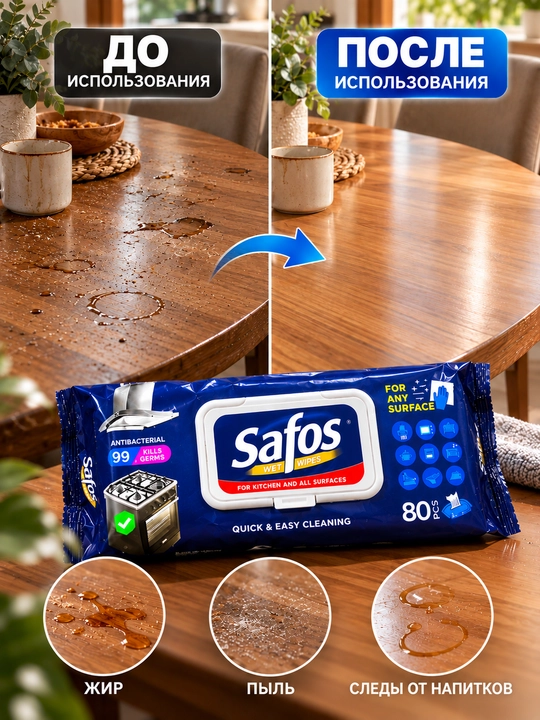 Safos nam salfetkalari, oshxona va turli yuzalarni tozalash uchun, universal, 80 dona
