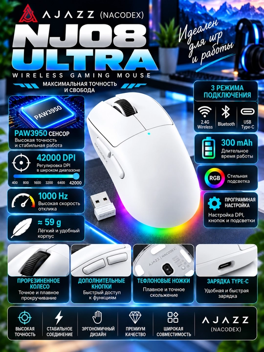 Игровая мышь AJAZZ (NACODEX) NJ08 Ultra, 42 000 DPI, 2.4G, Bluetooth, USB - 