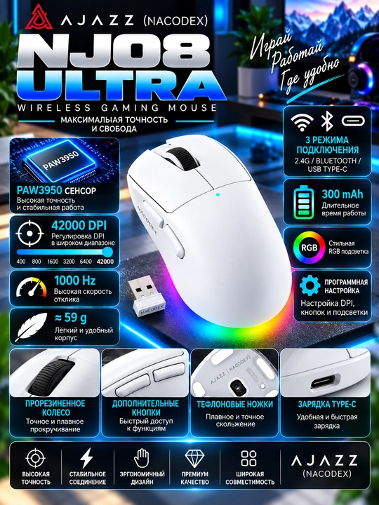 Игровая мышь AJAZZ (NACODEX) NJ08 Ultra, 42 000 DPI, 2.4G, Bluetooth, USB