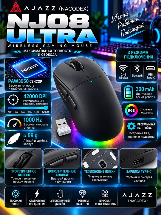 Игровая мышь AJAZZ (NACODEX) NJ08 Ultra, 42 000 DPI, 2.4G, Bluetooth, USB - 