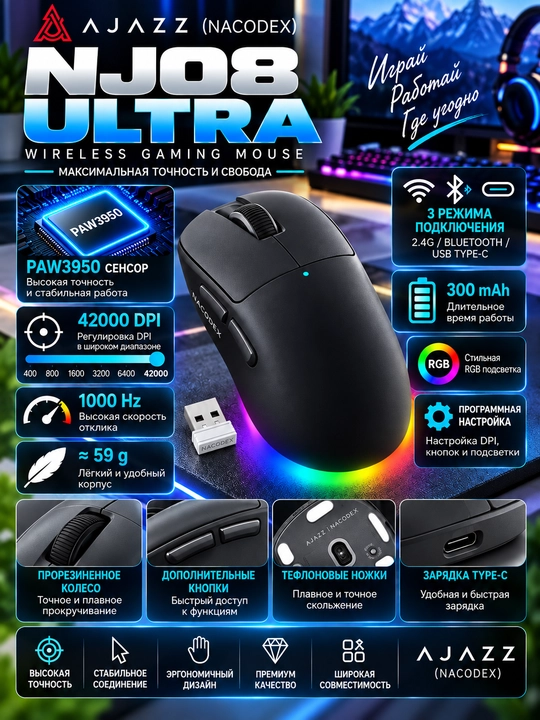 Игровая мышь AJAZZ (NACODEX) NJ08 Ultra, 42 000 DPI, 2.4G, Bluetooth, USB