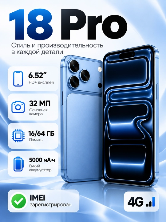Smartfon 18 Pro, 16/64, 4g, 5000 mh/a 32 мр, 6.52‘’ - 