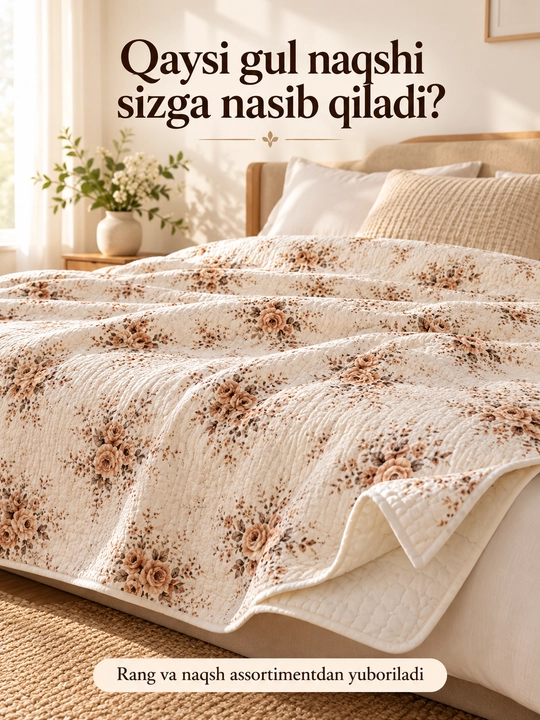 2 kishilik gulli yengil ko‘rpa, 200×245 sm, qavilgan naqshli kundalik adyol