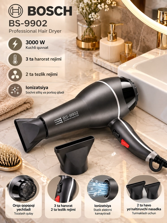 Bosch BS-9902 professional soch feni, kuchli fen, ionizatsiya, 2 nasadkali, 3000 W - 