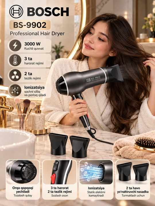 Bosch BS-9902 professional soch feni, kuchli fen, ionizatsiya, 2 nasadkali, 3000 W