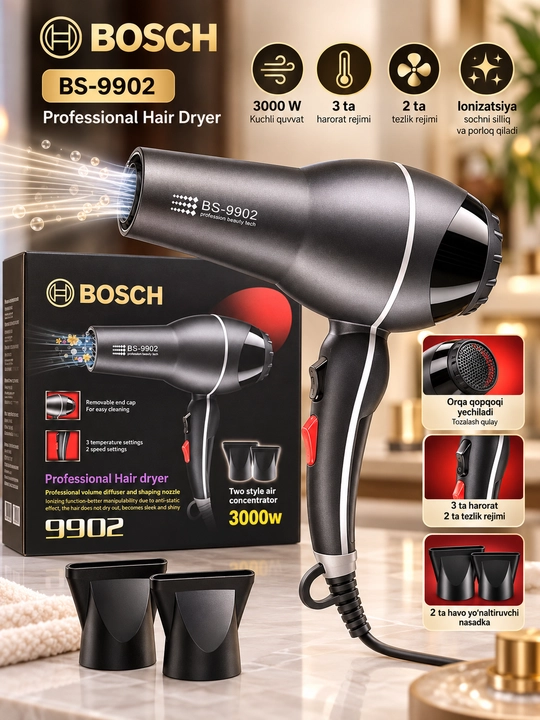 Bosch BS-9902 professional soch feni, kuchli fen, ionizatsiya, 2 nasadkali, 3000 W