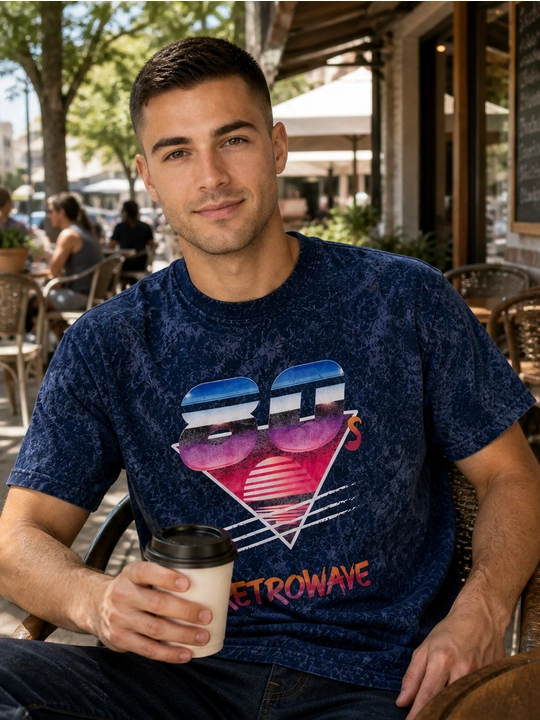 Erkaklar uchun retrowave printli paxta oversayz futbolka, qisqa yengli