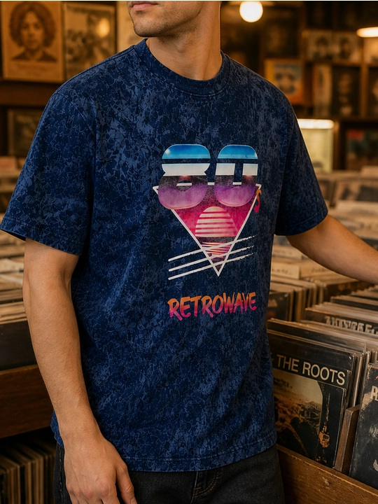 Erkaklar uchun retrowave printli paxta oversayz futbolka, qisqa yengli