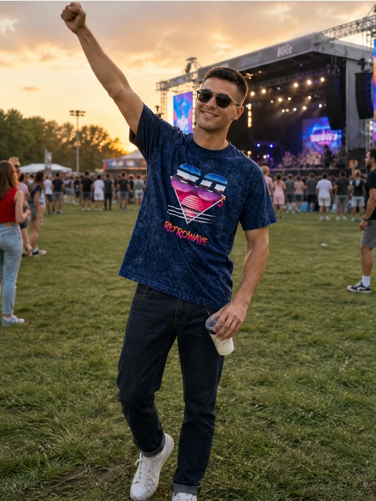 Erkaklar uchun retrowave printli paxta oversayz futbolka, qisqa yengli