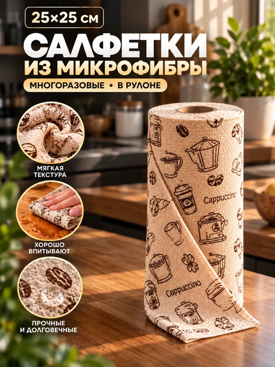 Uy va oshxona tozalash uchun universal mikrofibra salfetkalari, rulonda, ko‘p martalik - 