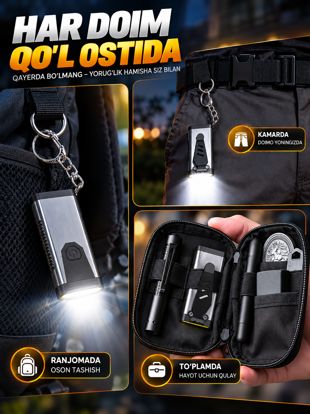 Kuchli Mini LED Fonаr 4 rejimli, USB orqali zaryadlanuvchi