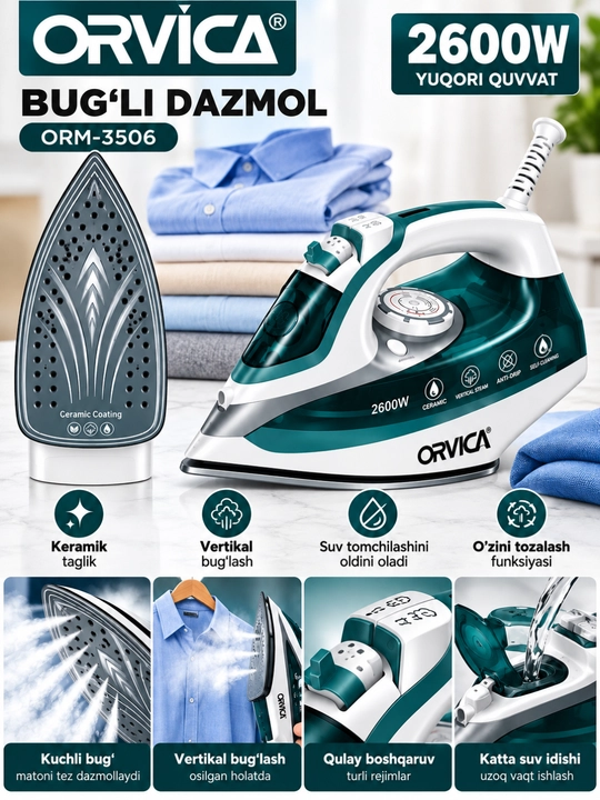 Orvica bug‘li dazmol – kuchli bug‘, yopishmaydigan taglik, harorat sozlamasi - 