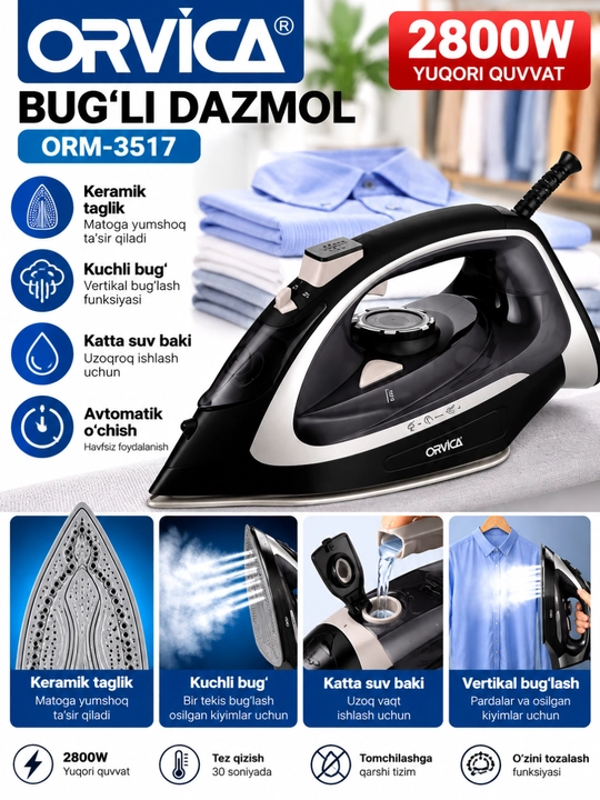 Orvica bug‘li dazmol – kuchli bug‘, yopishmaydigan taglik, harorat sozlamasi - 