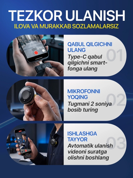 Type-C telefon uchun simsiz petlitsali mikrofon, petlitsali mikrofon