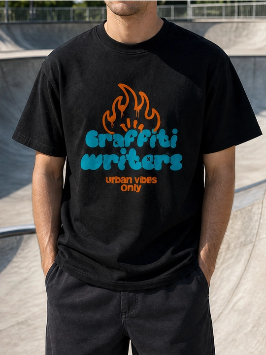 Erkaklar uchun Graffiti Writers printli paxta oversayz futbolka, qisqa yengli