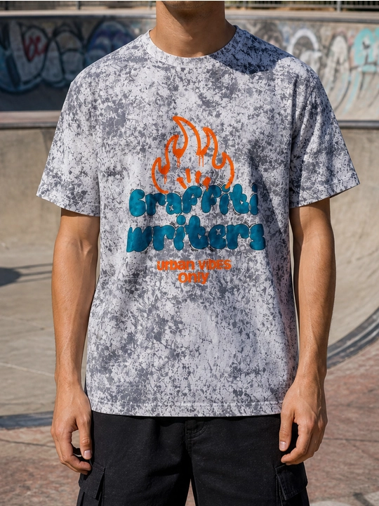 Erkaklar uchun Graffiti Writers printli paxta oversayz futbolka, qisqa yengli