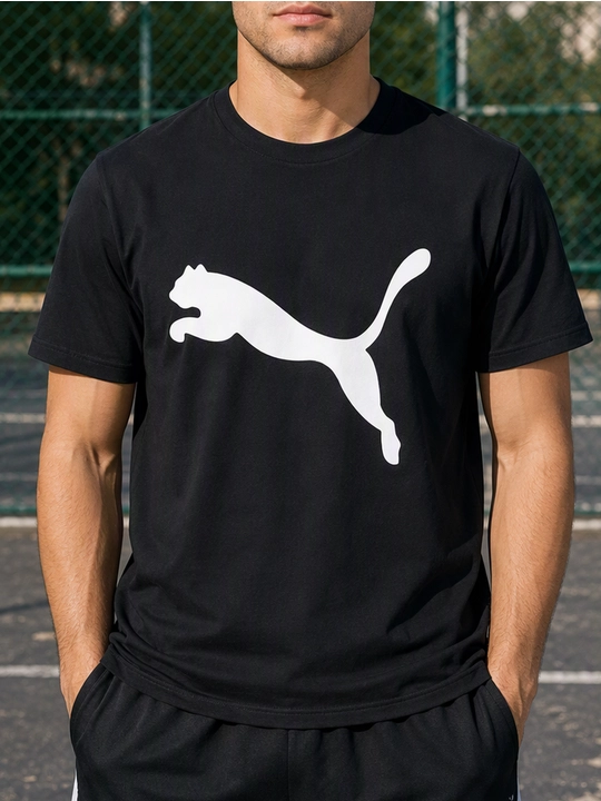Erkaklar uchun sakrayotgan puma printli paxta oversayz futbolka, qisqa yengli