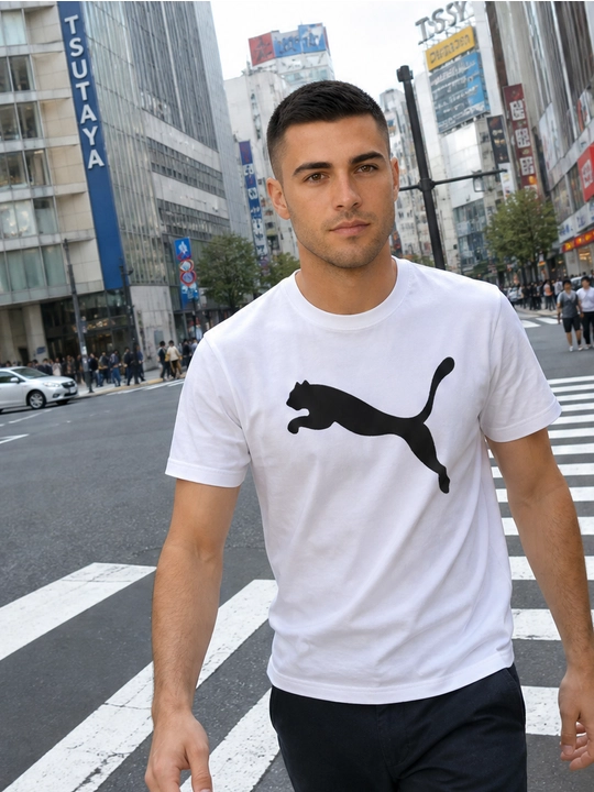 Erkaklar uchun sakrayotgan puma printli paxta oversayz futbolka, qisqa yengli