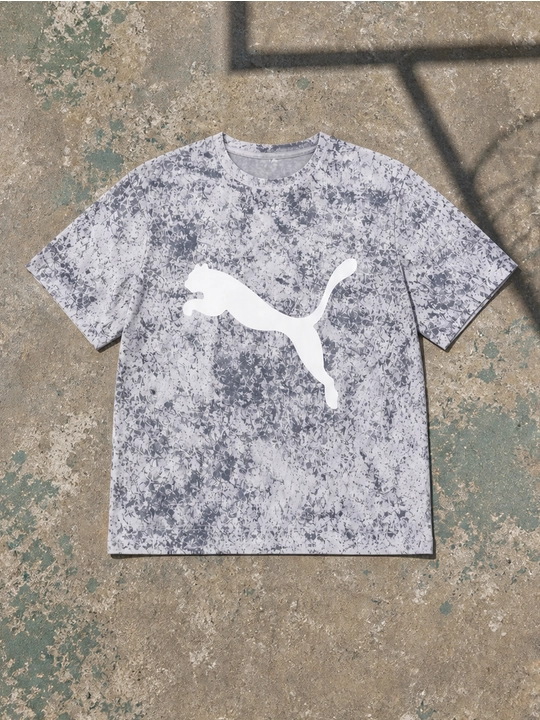 Erkaklar uchun sakrayotgan puma printli paxta oversayz futbolka, qisqa yengli