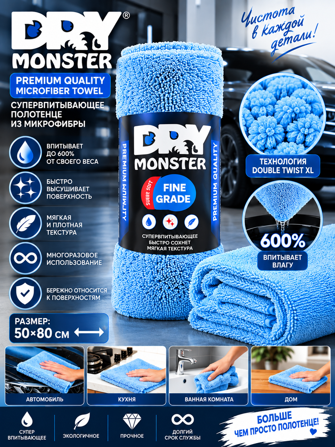 DRY MONSTER Premium Quality 50*70 mikrofiber sochiq - 