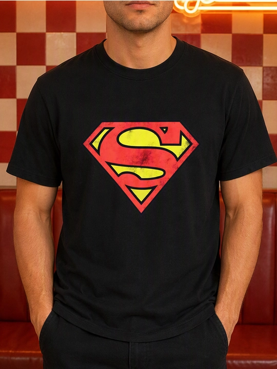 Erkaklar uchun Supermen emblemasi printli paxta oversayz futbolka, qisqa yengli