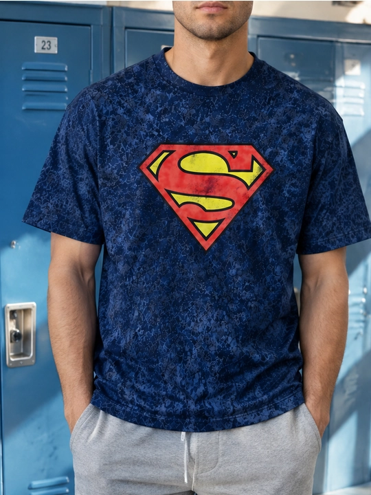 Erkaklar uchun Supermen emblemasi printli paxta oversayz futbolka, qisqa yengli