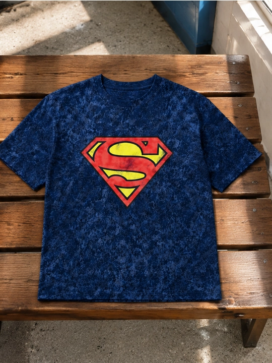 Erkaklar uchun Supermen emblemasi printli paxta oversayz futbolka, qisqa yengli