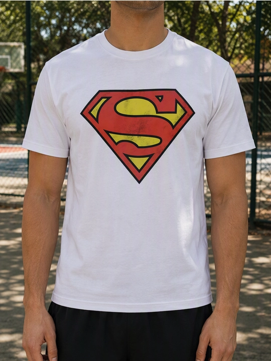 Erkaklar uchun Supermen emblemasi printli paxta oversayz futbolka, qisqa yengli